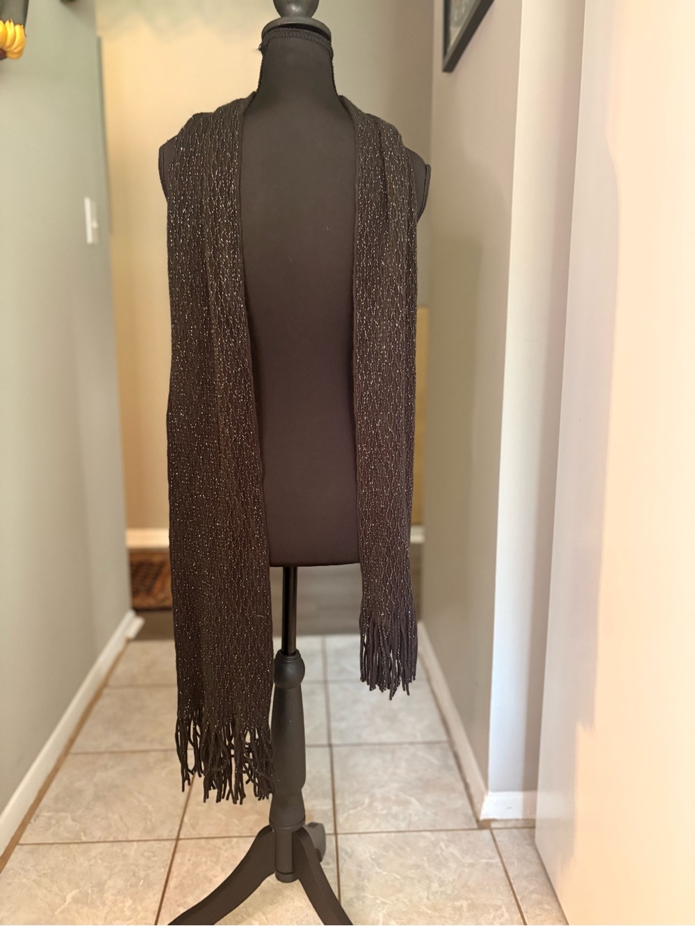 Metallic Black Fringe Knit Scarf Wrap
